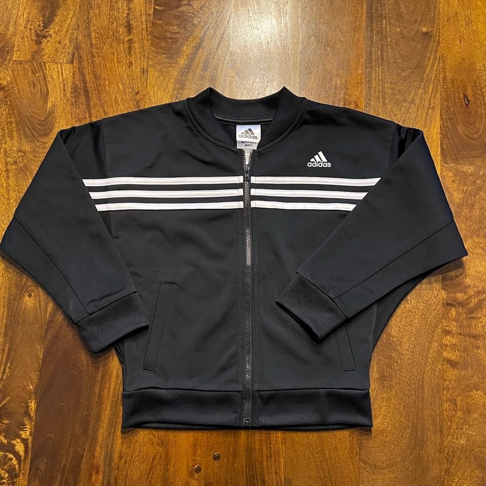 EUC, Like New Adidas Black Jacket with White Stripes Size 6